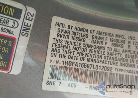 2007 Honda Civic Lx from USA, damaged, VIN 1HGFA16597L012092